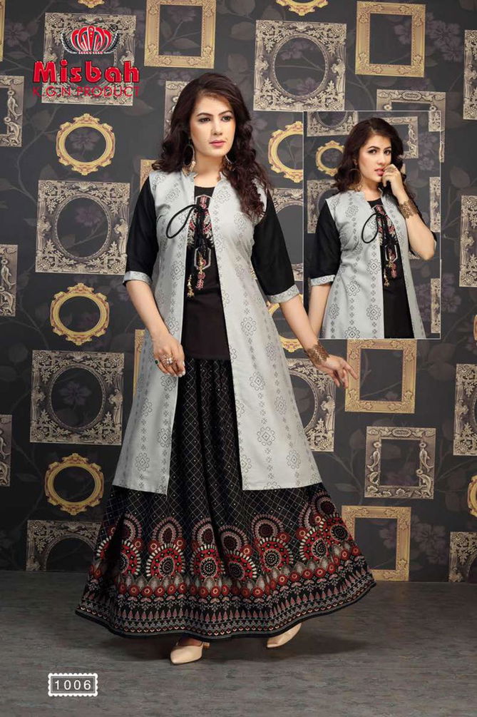 Misbah Nayantara 1 Designer Exclsive   Fancy Finest Quality Of Rayon Heavy Gold Print With Work With Jacket Kurti With Skirt Collection